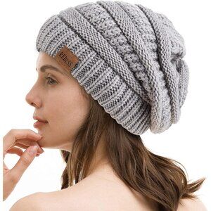 Women's Slouchy A2 Gray Beanie Winter Warm Chunky Soft Skull Cable Knit Hat Cap